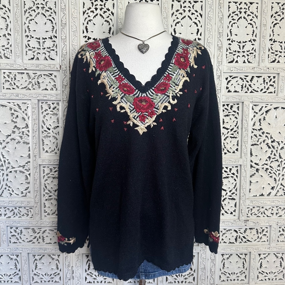 Vintage Jantzen Classics Embroidered‎ Floral Grannycore V Neck Sweater Sz Large